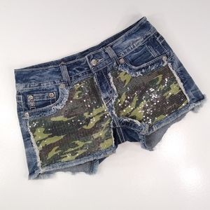 Miss Me 28 Camo Sequin Shorts Denim Jean Cut Offs